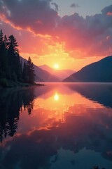 Reflections on calm lake surface during lake sunrise, lake reflection lake mirror sun rise, sun