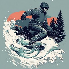 Snowboarder in snow wave mountains
