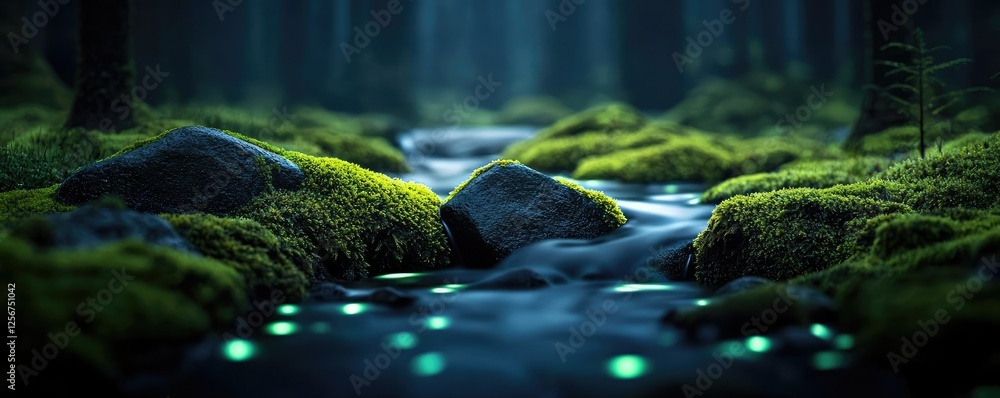 Poster glow forest idea. a serene forest stream flowing over moss-covered rocks, illuminated by gentle ligh