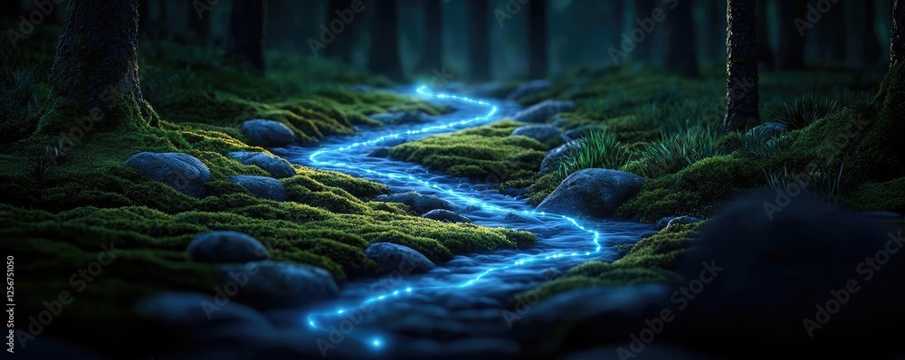 Poster glow forest idea. a magical forest scene with a glowing river winding through mossy rocks and trees.