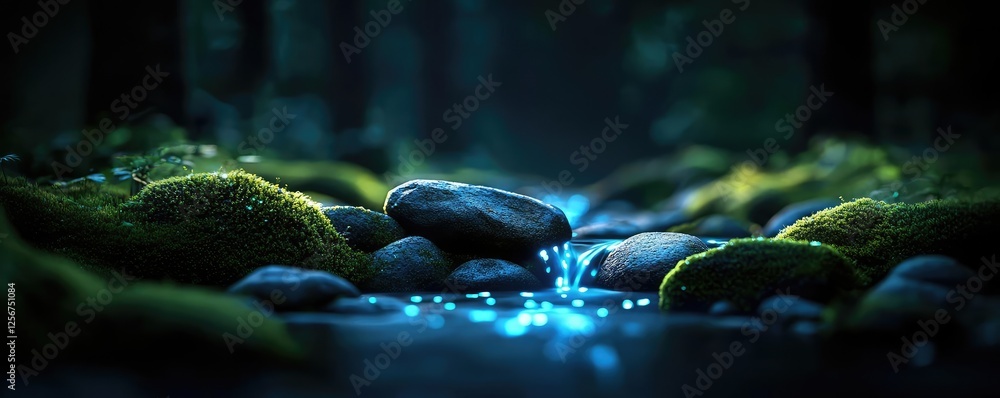 Poster glow forest idea. a serene scene with glowing stones beside a tranquil stream in a dark forest.