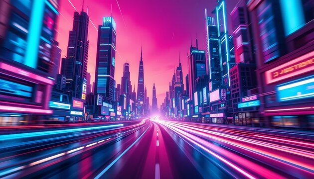 Vibrant Neon Cityscape with Motion Blur and Futuristic Skyline View