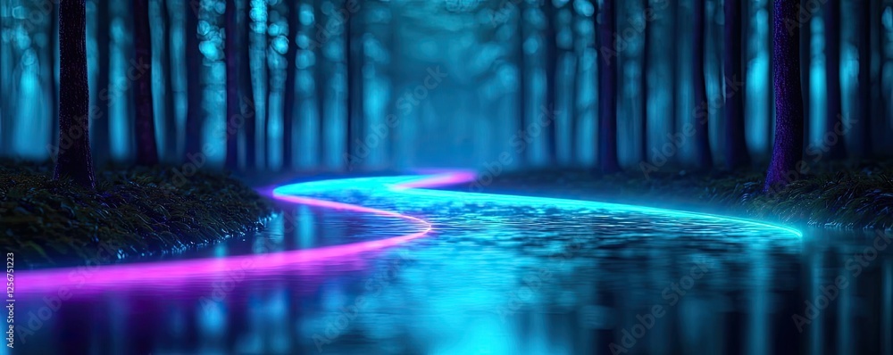 Poster Glow forest idea. A vibrant and surreal scene of illuminated river winding through a dark forest.