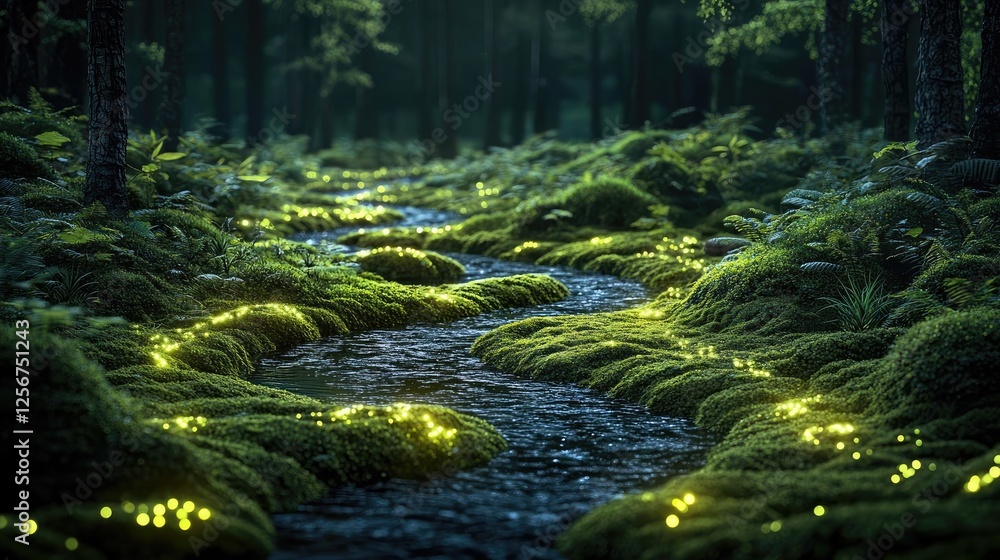 Poster glow forest concept. a serene forest stream illuminated by glowing moss and surrounded by lush green