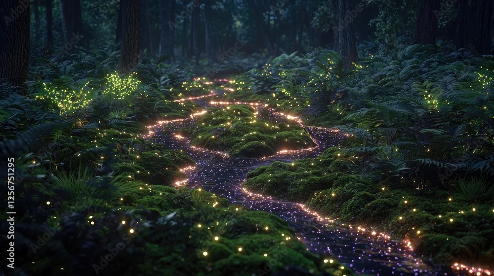 Poster glow forest concept. a magical forest pathway illuminated by glowing lights and lush greenery at nig