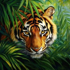 Majestic tiger portrait with intense gaze amidst lush green foliage in a tropical environment. Generative AI