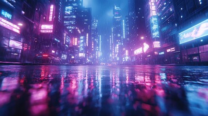 Obraz premium Neon Rain Cityscape: Night City Reflections