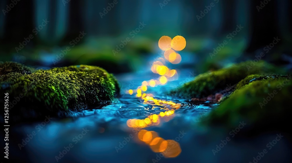 Aufkleber glow forest concept. a tranquil forest scene showcasing glowing lights reflecting on a water stream.