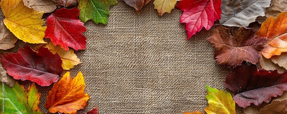 Poster colorful autumn leaves making a frame on a burlap background with copy space in the center
