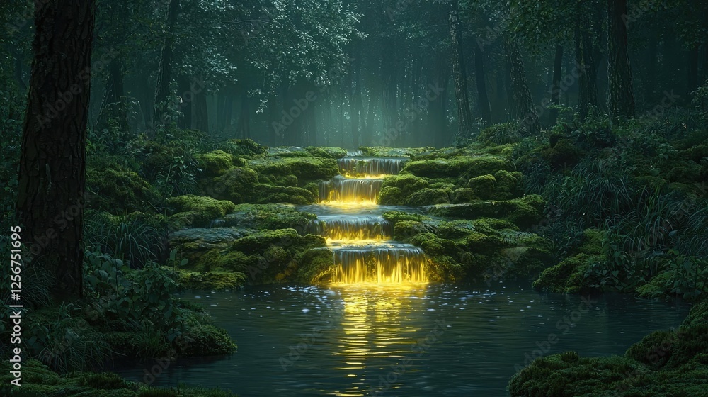 Aufkleber Glow forest idea. A serene forest scene with a glowing stream flowing through lush greenery.