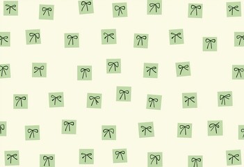 Whimsical Square Pattern with Bows: Pale Green Tones, Off-White Background, Seamless Design, Simple & Charming, Perfect for Wallpaper and Fabric Crafts.

