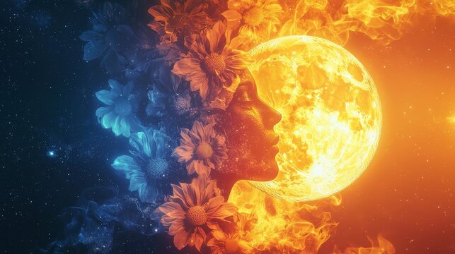 Full moon illuminating a fire surrounded by colorful flowers in a night sky