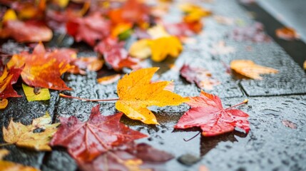 Colorful autumn leaves scattered on a wet pavement during a rainy day