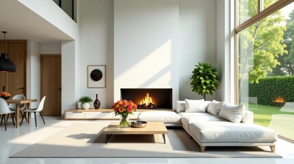 Modern minimalist living room design featuring a cozy fireplace, stylish sectional sofa, and large window overlooking a tranquil garden.