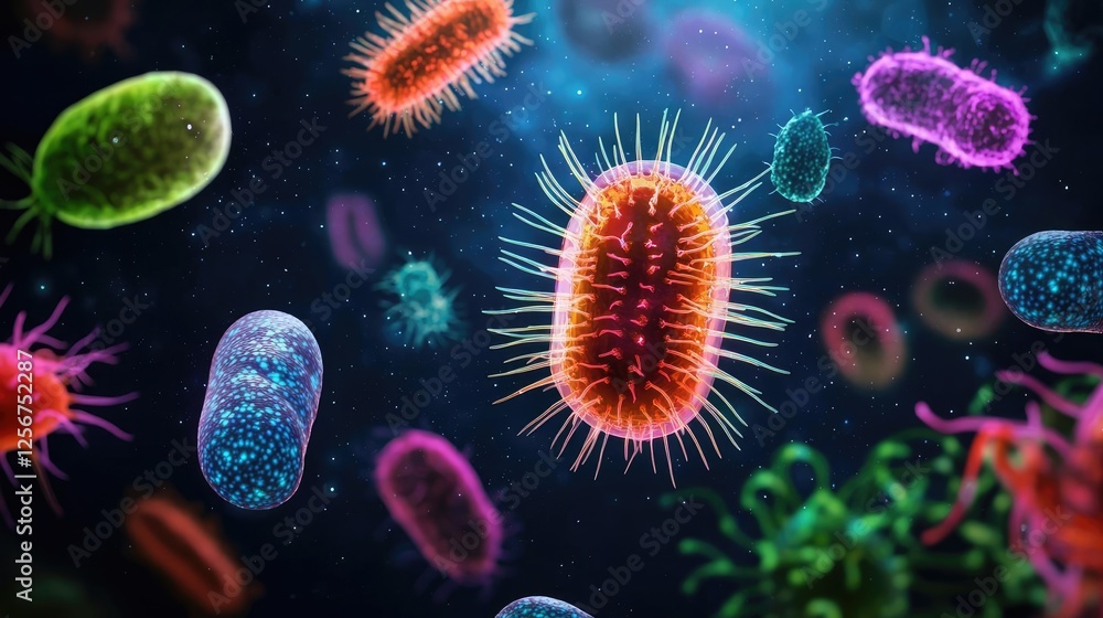 Poster marine life microscopic idea. colorful microscopic view of vibrant bacteria and microorganisms in a 