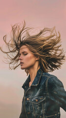 Confident female model with flowing hair in motion against soft background