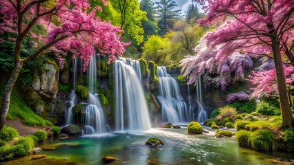 Serene Waterfall in a Blossoming Garden