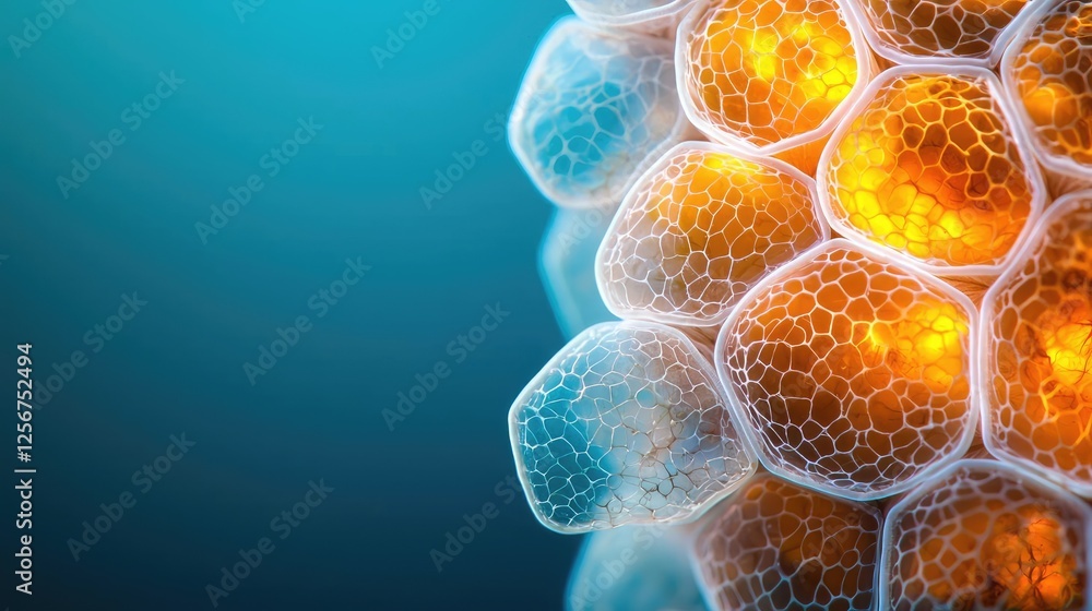 Poster marine life microscopic idea. close-up view of glowing cell structures under a microscope with vibra