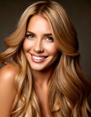 Fototapeta premium A radiant blonde smiles, showing off long, wavy hair and perfect teeth.
