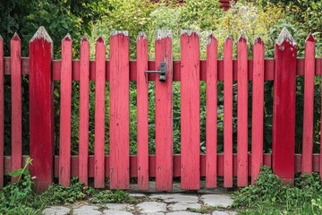Red wooden picket fence with gate, showing age and wear. Perfect for themes of rustic charm, country life, or seclusion.
