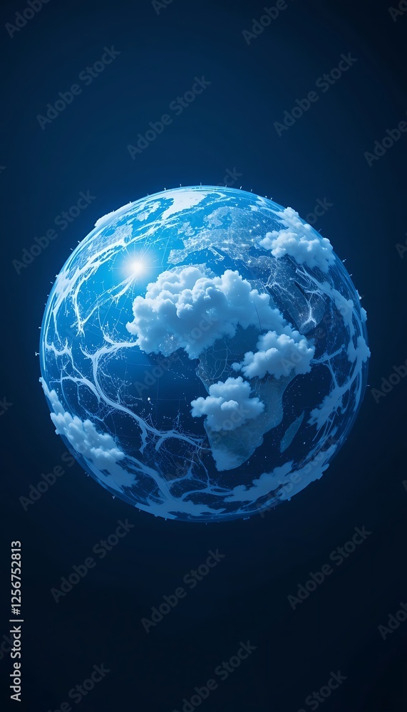 Poster earth with clouds digital rendering globe in deep blue background