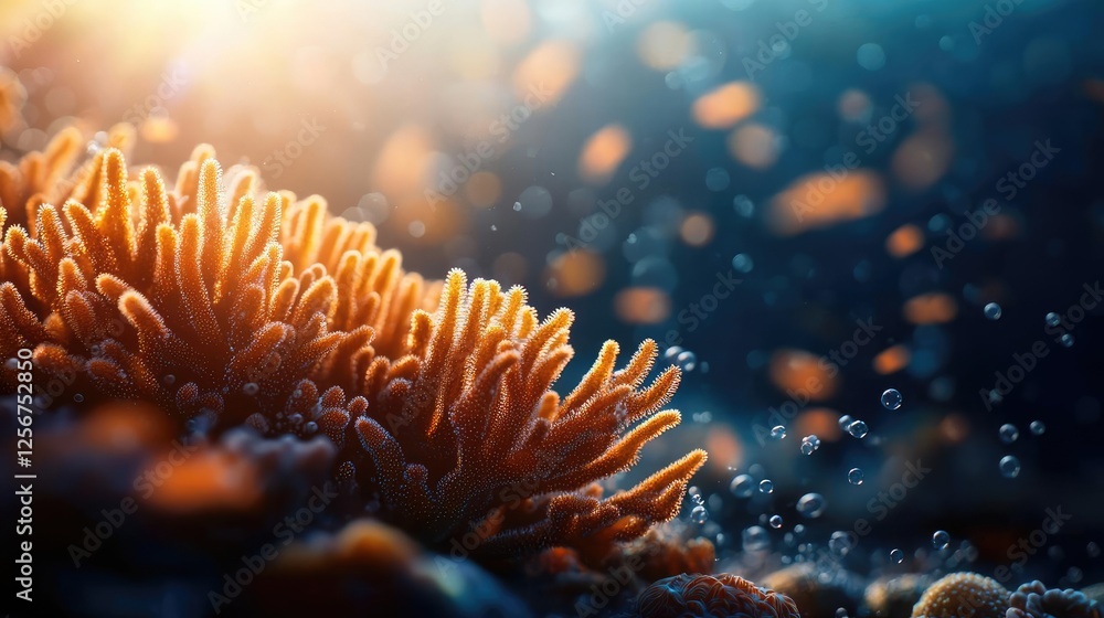 Poster coral reefs microscopic concept. underwater scene showcasing coral structure illuminated by sunlight