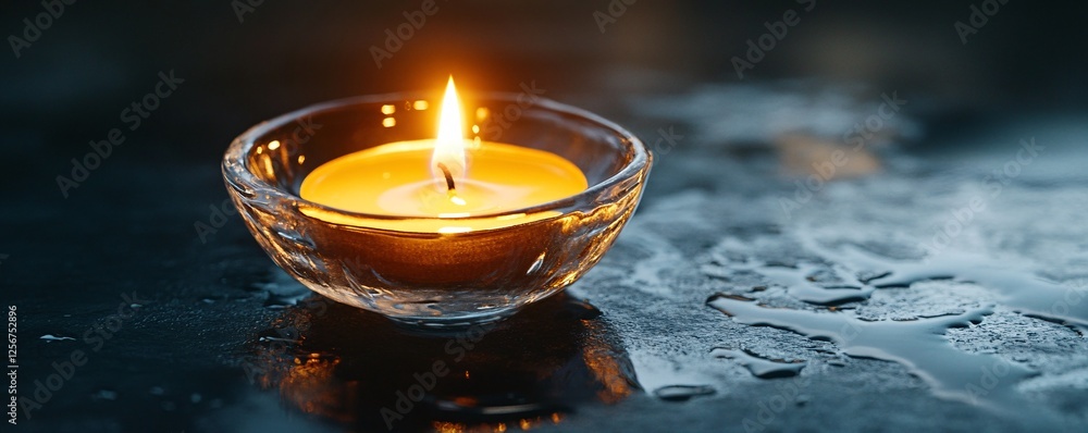 Aufkleber solitary candle glows in a glass container on a wet surface, setting a warm and intimate mood