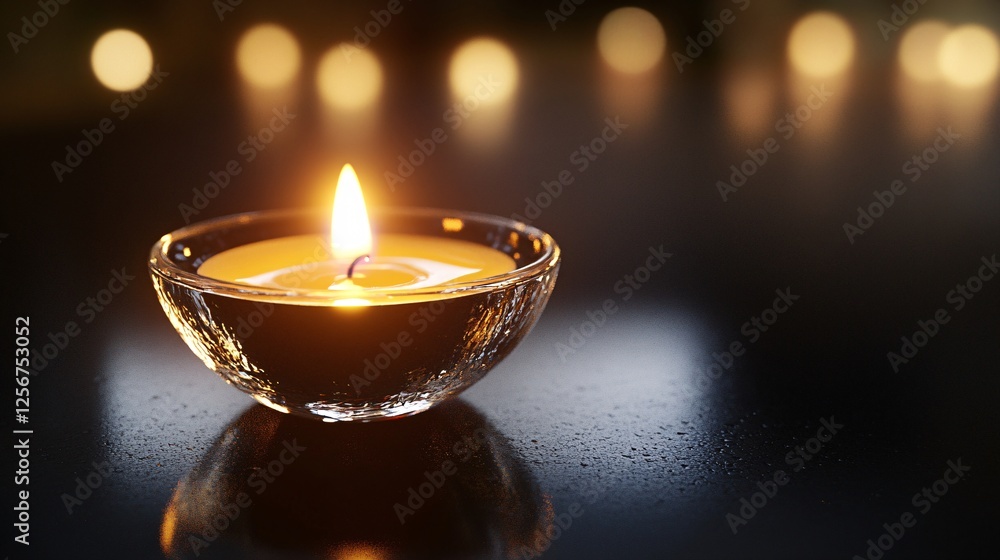 Aufkleber glowing candle in a glass bowl, illuminating a dark background with bokeh effect