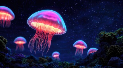 Microscopic ocean life idea. Colorful jellyfish gracefully swim through a serene underwater atmosphere.