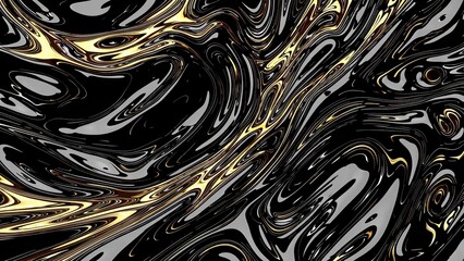 Dynamic abstract pattern featuring swirling black and gold colors, creating a fluid, metallic appearance. The design evokes a sense of movement and luxury with its glossy, reflective surface