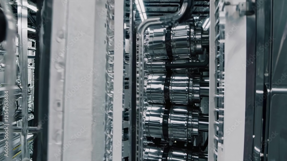 Poster complex machinery with multiple polished metal cylinders rotating in sync within a contemporary prin