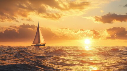Sailor navigating a sailboat into a vibrant sunset over calm waters