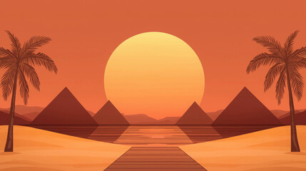Beautiful Sunset Over Nile River with Lush Landscape and Iconic Pyramids in Background