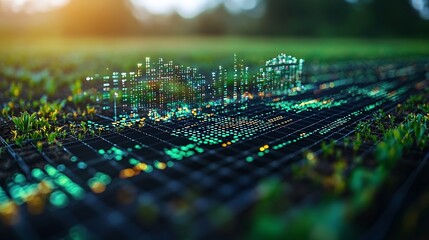 Urban data visualization overlaid on a grassy field.  Abstract digital city model projected onto soil.