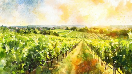 Fototapeta premium Vineyard field painting showcasing lush green grapevines under a bright blue sky with distant hills