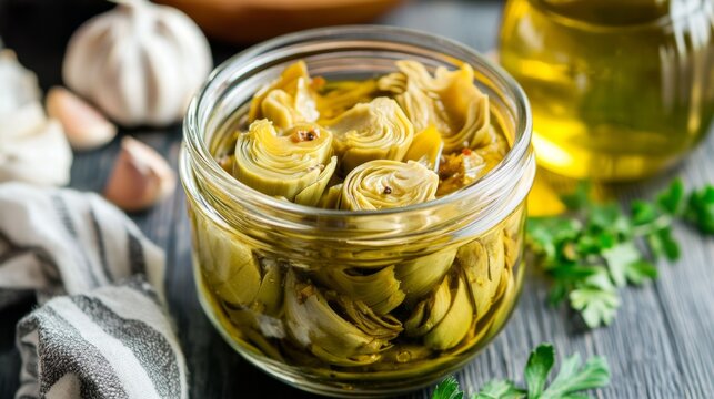 Artichoke hearts preserved in jar with garlic and olive oil on kitchen countertop - Powered by Adobe