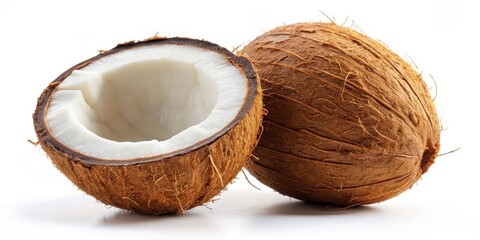 Halved Coconut and Whole Coconut on White Background