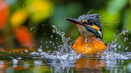 Colorful kingfisher bathing in tropical water, vibrant background.