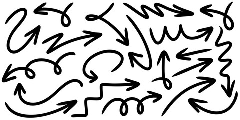 Set of Hand drawn vector arrows doodle on white background.