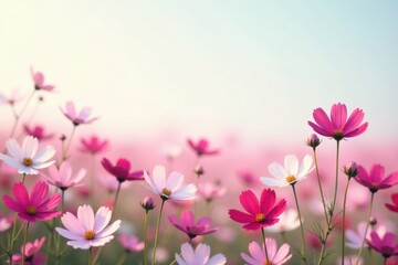 A Serene Field of Delicate Pink and White Blossoms Basking in the Soft Glow of the Setting Sun, Creating a Peaceful and Dreamlike Atmosphere