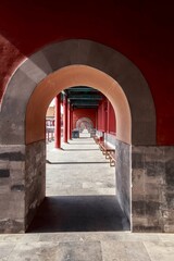 Arched Walkway Leading to Traditional Chinese Architecture, Forbidden City, Beijing, China