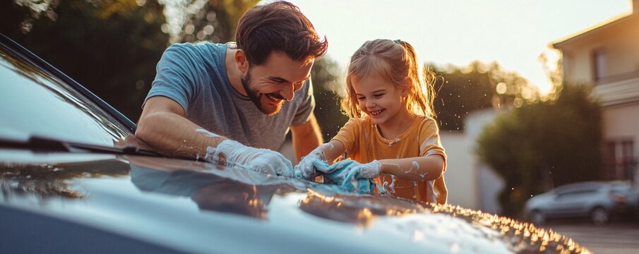 Father and daughter bonding while washing their car on a sunny, summer afternoon