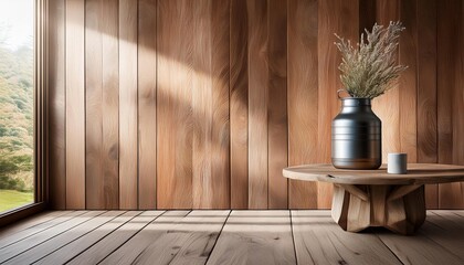 Empty Rustic Wood Accents Wall Mockup in Farmhouse Interior with Wooden Coffee Table and a Galvanized Metal Vase. Natural Daylight From a Window. Promotion Background.