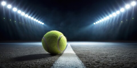 A tennis ball illuminated by the soft glow of nighttime court lights, creating an ethereal atmosphere on a darkened sports surface , illumination, arena