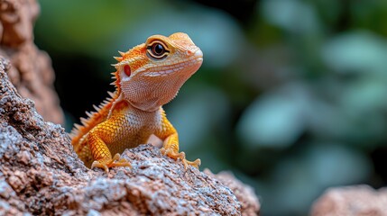 Orange lizard on rock, jungle background, pet reptile