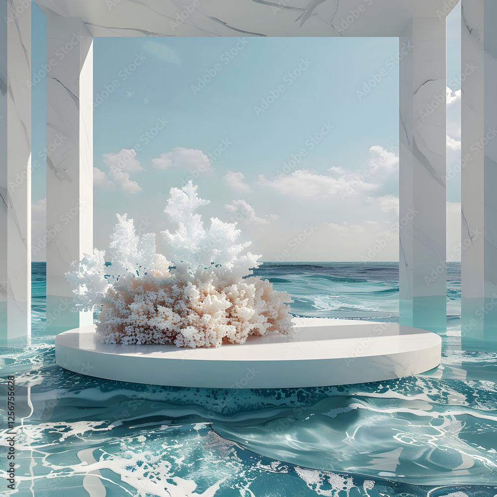 Poster white platform with coral structures in ocean setting