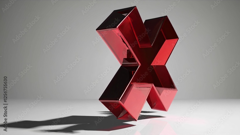 Poster striking red geometric sculpture with a reflective surface stands on a plain background. the structu
