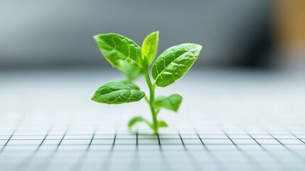 Close-up of a vibrant green sprout on a grid. Illustrates growth, new beginnings, science, and nature.