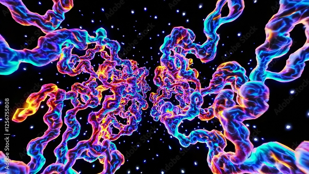 Poster dynamic, colorful ribbons of energy twist and flow through a starry cosmic background, creating a me