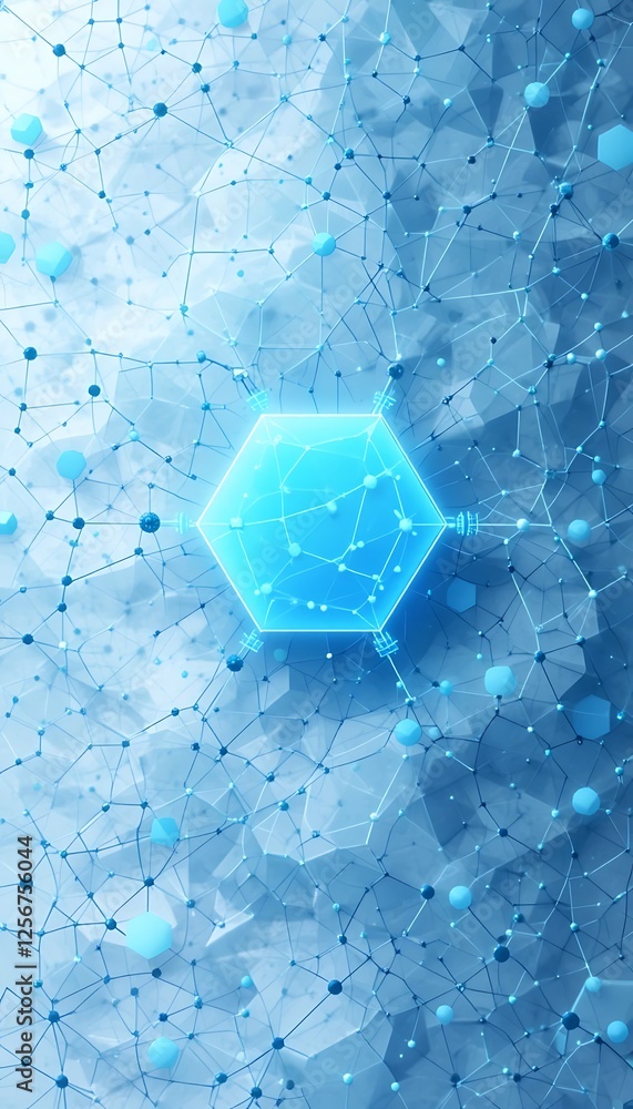 Poster glowing hexagon network connection with blue geometric abstract background